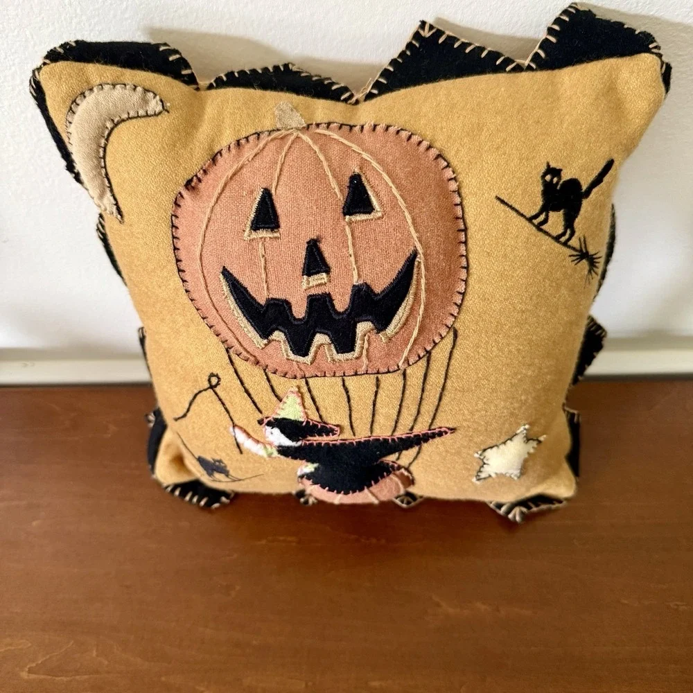 Vintage Halloween Handmade Wool Felt Folk Art Black Cat Witch Pillow 9in